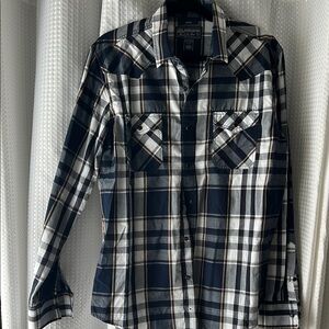 Navy and White Plaid Button-Up Shirt